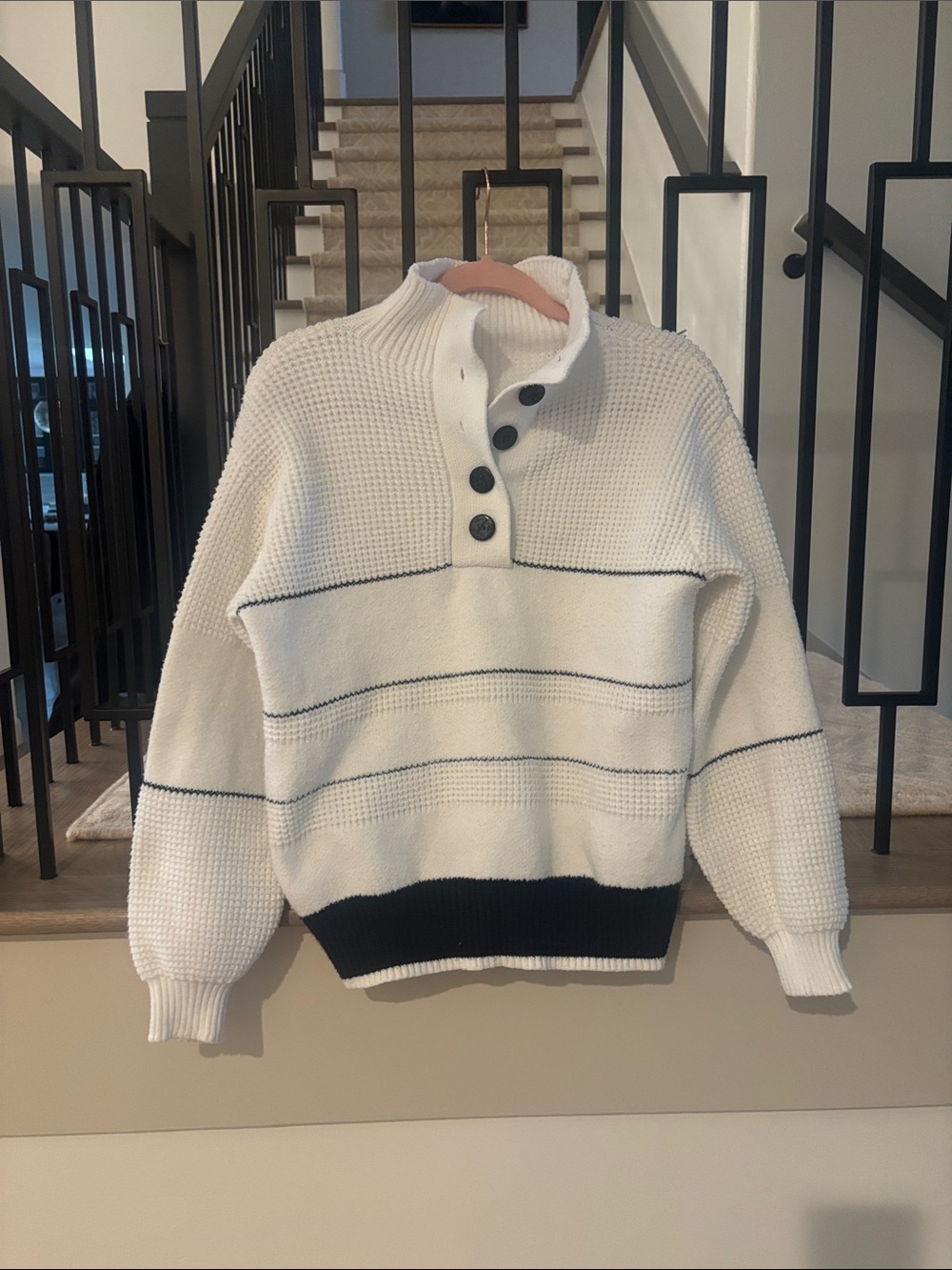 Women’s Cream Half-Button Knit Sweater with Black Trim oversize
